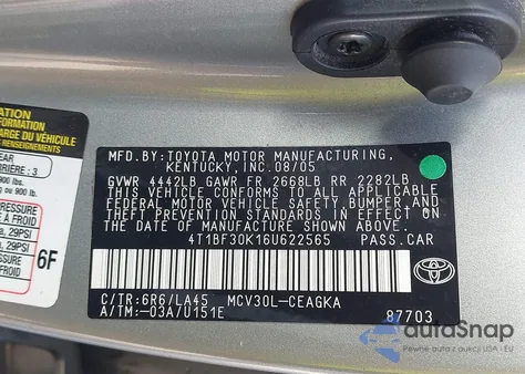 2006 Toyota Camry Xle V6 from USA, damaged, VIN 4T1BF30K16U622565